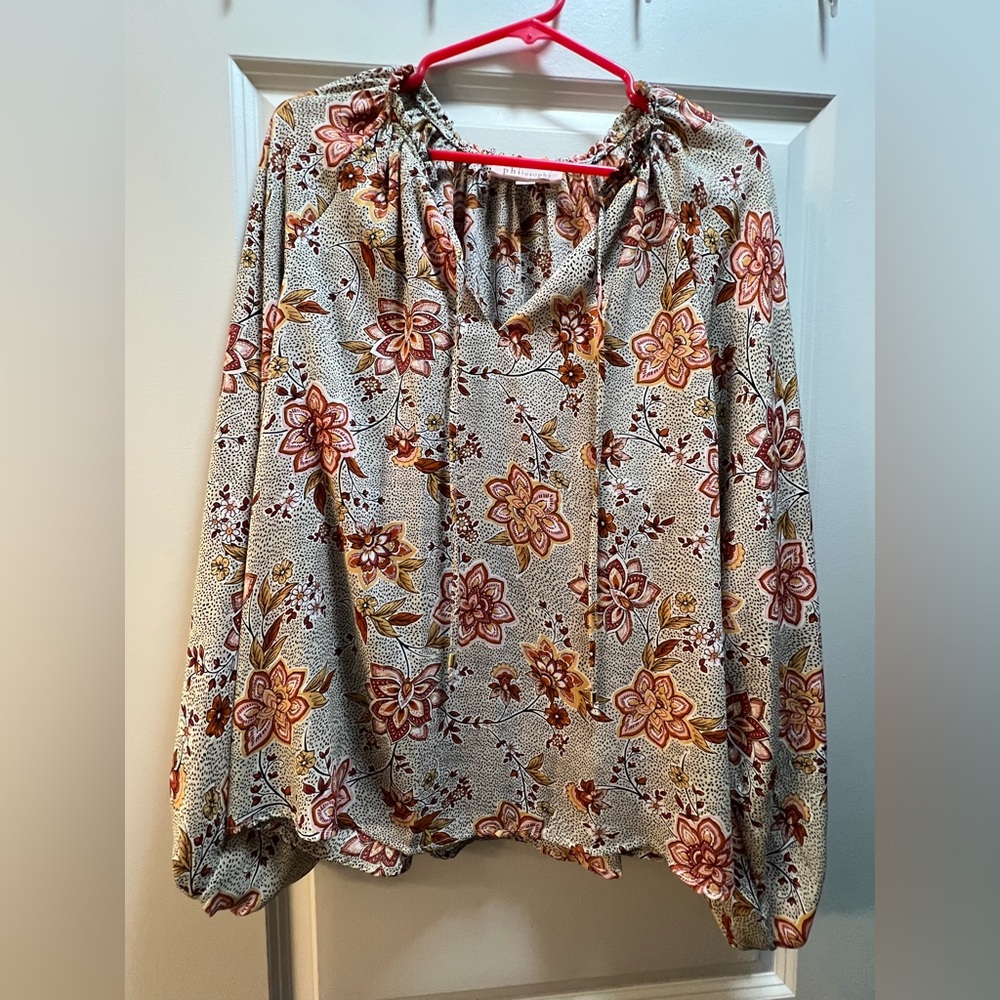 Philosophy Gray and Orange Tie Front Blouse